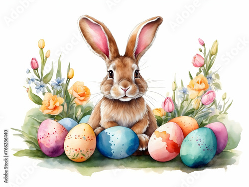 Watercolor illustration of a cute easter bunny and easter eggs © Anna