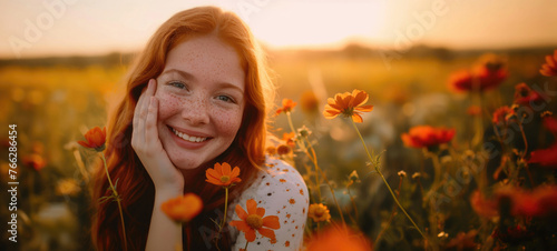 Joyful freckled girl among sunset wildflowers © Karat