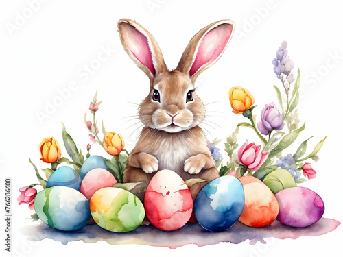 Watercolor illustration of a cute easter bunny and easter eggs © Anna