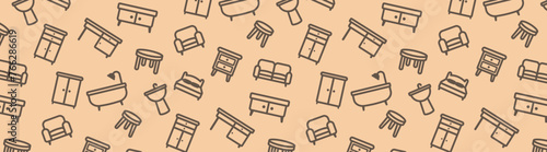 furniture icon seamless pattern background, repeat wallpaper brown color, desk chair, bed, living room, 