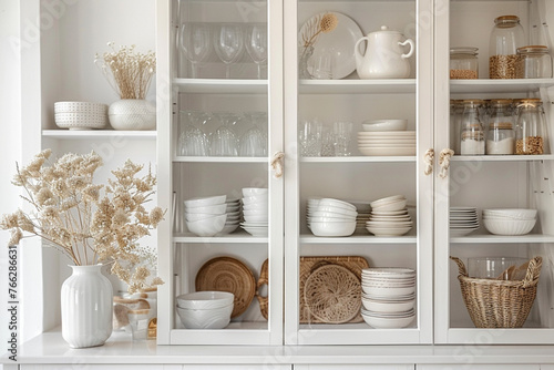 Opened white glass cabinet with clean dishes and decor. Scandinavian style kitchen interior. Organization of storage in kitchen. © Zoraiz