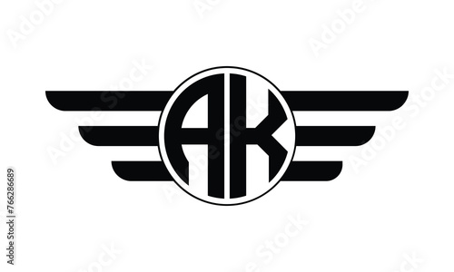 AK initial letter circle wings icon gaming logo design vector template. batman logo, sports logo, monogram, polygon, war game, symbol, playing logo, abstract, fighting, typography, minimal, wings logo