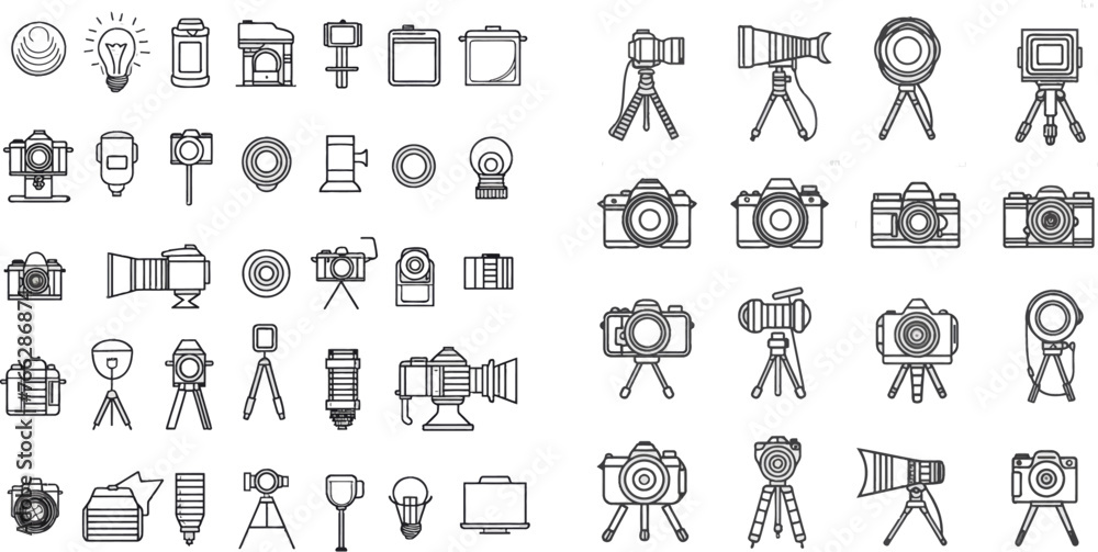 Photography studio light, film cameras and camera on tripod line Photography studio light, film cameras and camera on tripod line