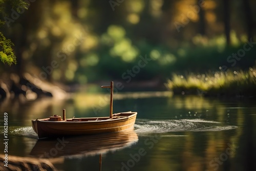Toy boat sailing on river in forest