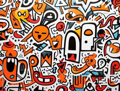 White paper background with orange letters and glyphs, in the style of mr. doodle, sparklecore