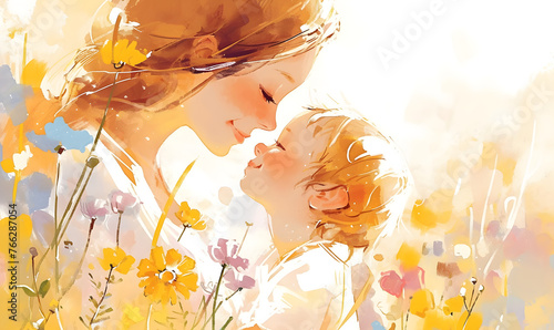 watercolor Illustration of mother with her little child, flower in the background, Generative AI
