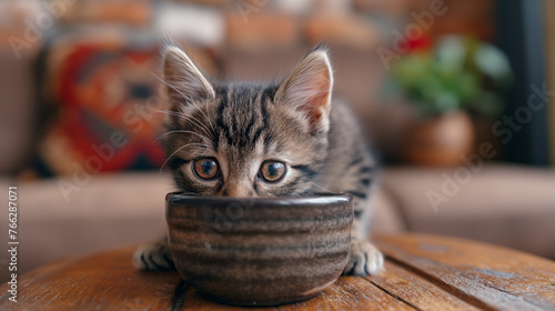 The kitten drinks milk from a bowl.