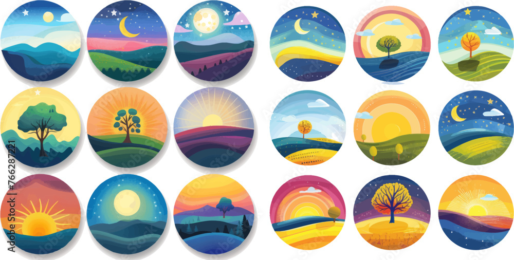 Sky and field daytime circle as sunrise, morning or noon, sunset and night Sky and field daytime circle as sunrise, morning or noon, sunset and night