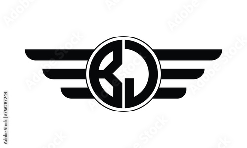 BJ initial letter circle wings icon gaming logo design vector template. batman logo, sports logo, monogram, polygon, war game, symbol, playing logo, abstract, fighting, typography, minimal, wings logo
