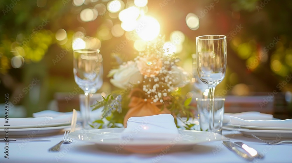 Sunlit Outdoor Picnic Setup with Champagne. Generative ai Sunlit Outdoor Picnic Setup with Champagne. Generative ai
