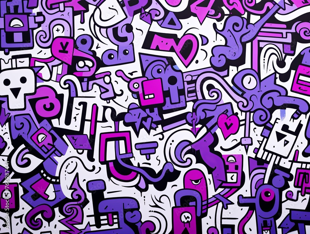 White paper background with purple letters and glyphs, in the style of mr. doodle, sparklecore