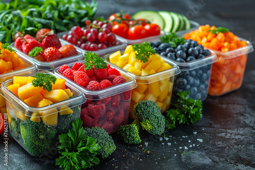 Various fresh fruits and vegetables neatly arranged in plastic containers  healthy meal preparation