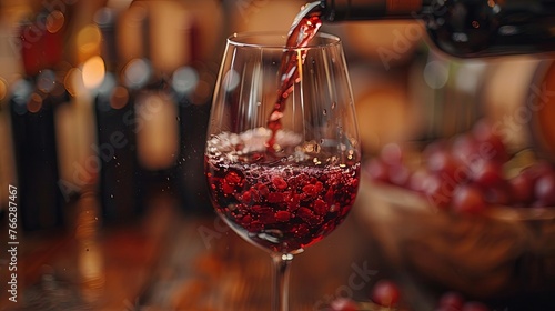 Pouring red wine into the glass against rustic background. Pour alcohol, winery concept. Made with red grapes. Long cured, luxurious drink.