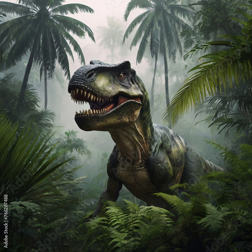  Majestic T-Rex Portrait  Enigmatic Dinosaur Amid Lush Jungle Foliage  