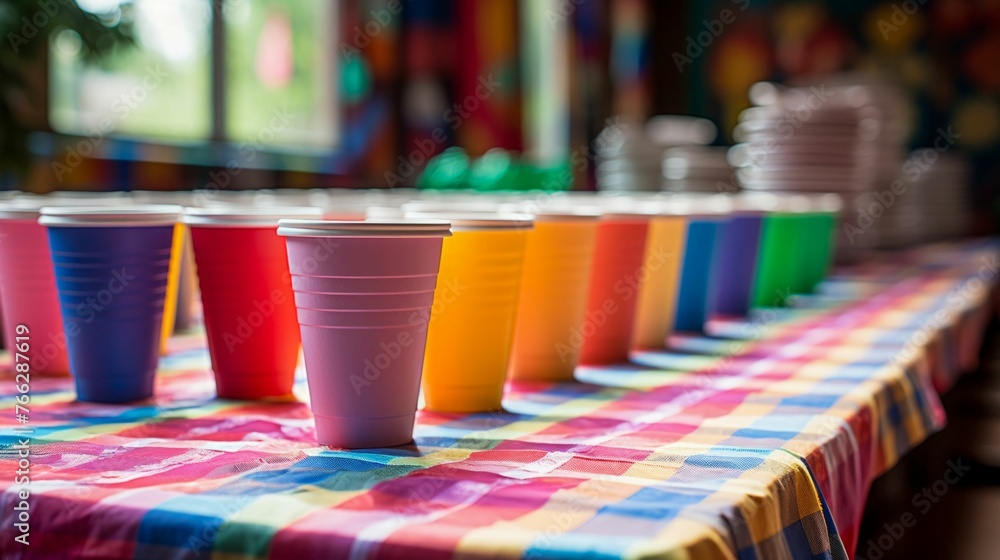 Colorful Plastic Cups on a Party Table. Generative ai