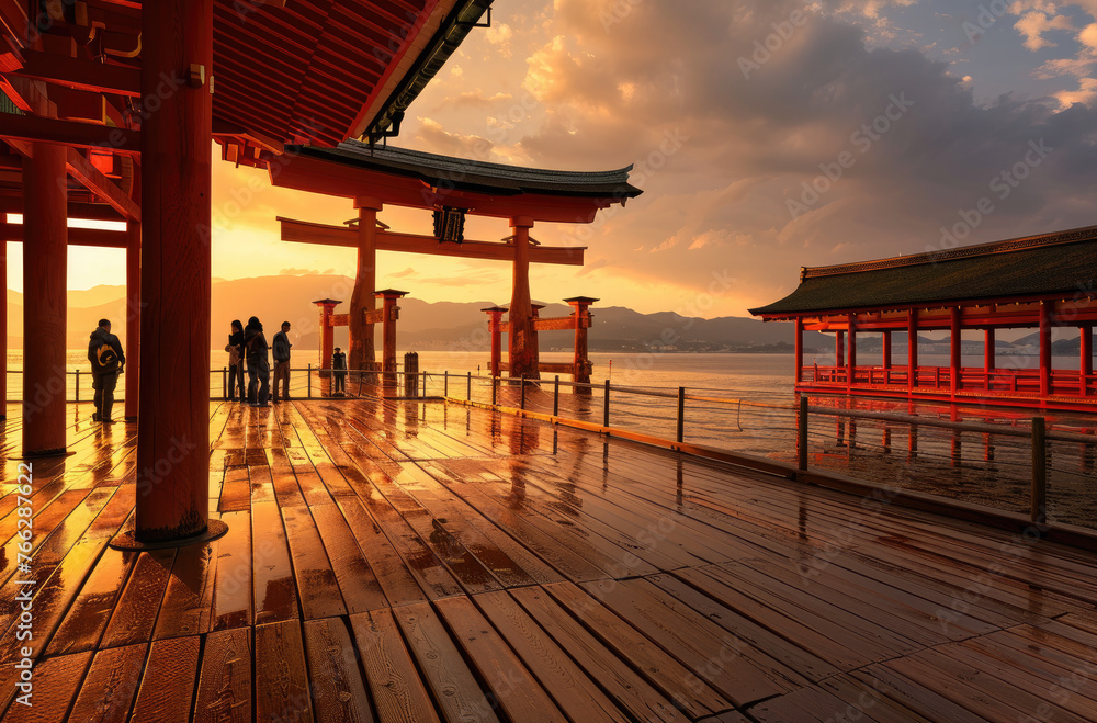 The red torii gate of Itsuk Japanese temple stands on the water surface at sunset