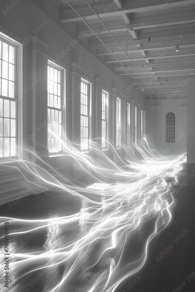 Obraz premium Room with windows captured using long exposure, showing motion blur and light trails vertical