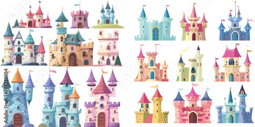 Cartoon royal kingdom towers, old ancient magic castles vector illustration set