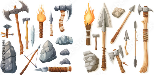 Stone age stone or wooden weapons: hammer, spear, axe, fire torch