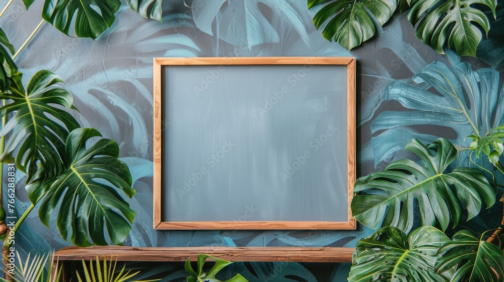 Picture Frame on Wooden Table With Potted Plants