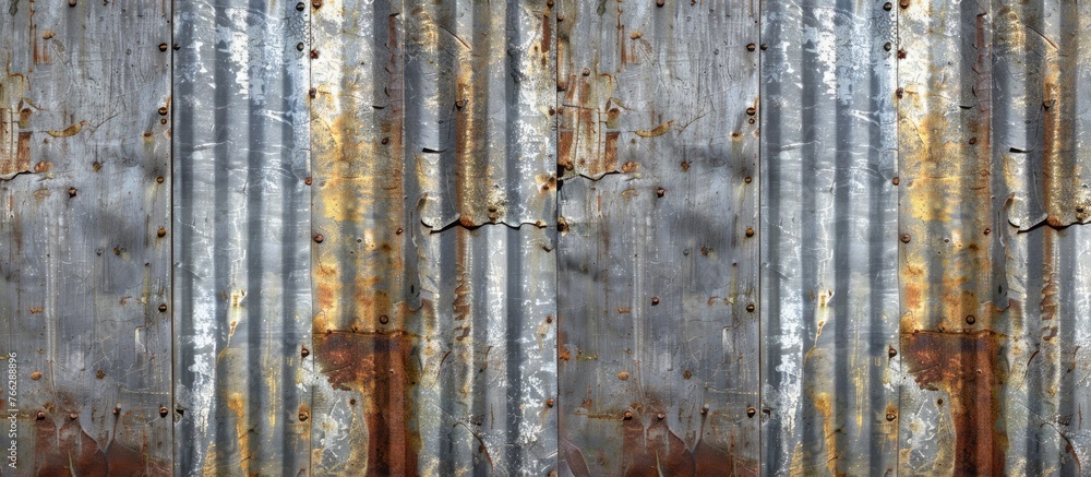 A detailed shot of a weathered corrugated metal wall, showcasing a rusty facade with a unique pattern in a natural landscape setting A detailed shot of a weathered corrugated metal wall, showcasing a rusty facade with a unique pattern in a natural landscape setting