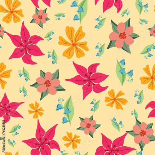 Colorful spring flowers vector repeat pattern on yellow background