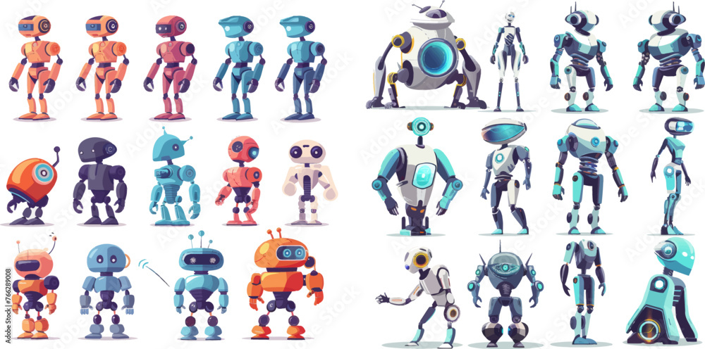 Robots engineering progress from primitive droid to ai cyborg vector illustration set