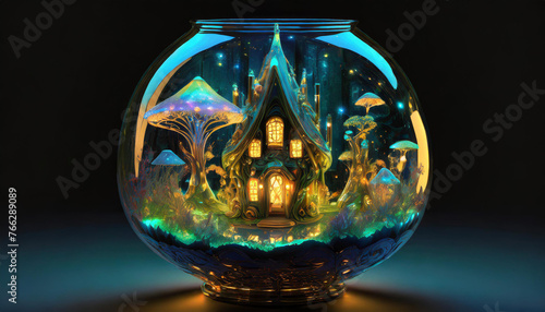 Glass vase with a mystical fairy village garden inside. AI generated. photo