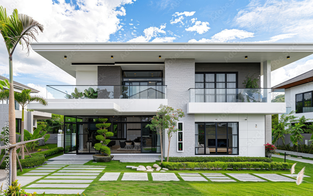 Modern house with white walls and gray tiles, featuring large windows overlooking the green lawn, palm trees, and concrete walkways