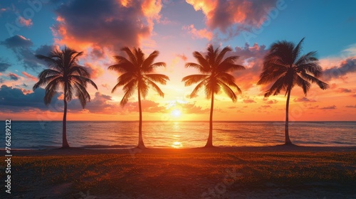 Palm Tree Overlooking Beach and Ocean