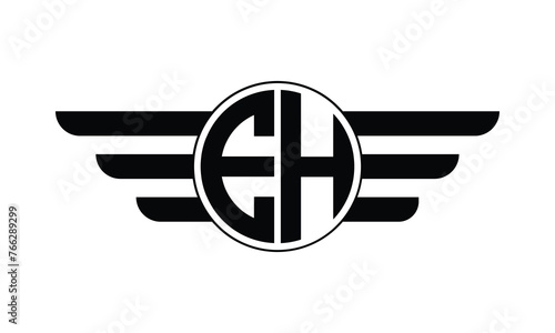 EH initial letter circle wings icon gaming logo design vector template. batman logo, sports logo, monogram, polygon, war game, symbol, playing logo, abstract, fighting, typography, minimal, wings logo