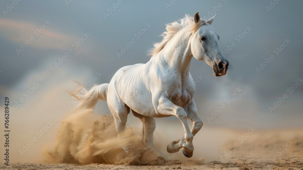 Fototapeta premium White Horse Galloping in Sand Dunes