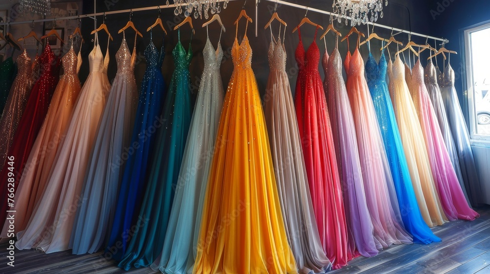 Rack of Colorful Dresses in Room Rack of Colorful Dresses in Room