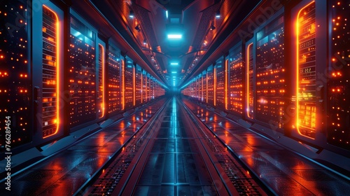 A row of server racks fills a brightly lit data center tunnel