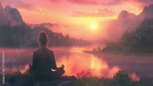 woman meditating with a sunset and animated moving clouds photo