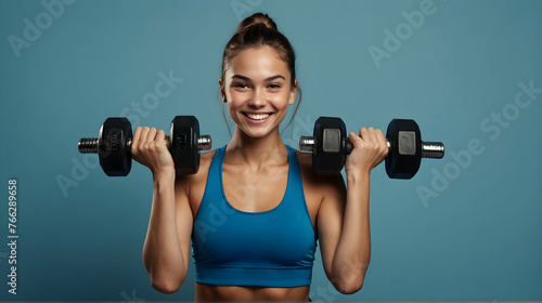Pretty sporty girl smiling and holding dumbbells, gym advertisement. On a monochrome background