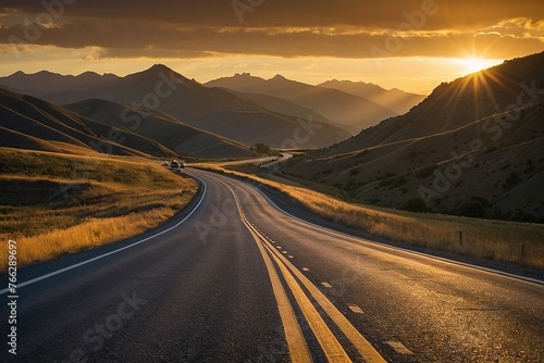 road with a mountain range in the background at sunset, road between hills, highway and sunset. 