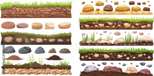 Cartoon grass, landscape elements vector illustration set