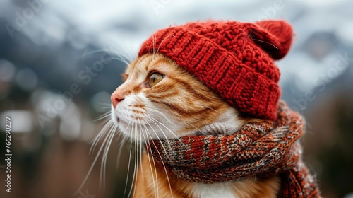 Cat Wearing Red Hat Looking at Camera