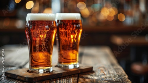 Two Glasses of Beer on Wooden Table