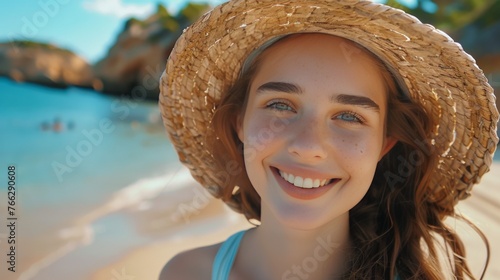Woman Wearing Straw Hat on Beach