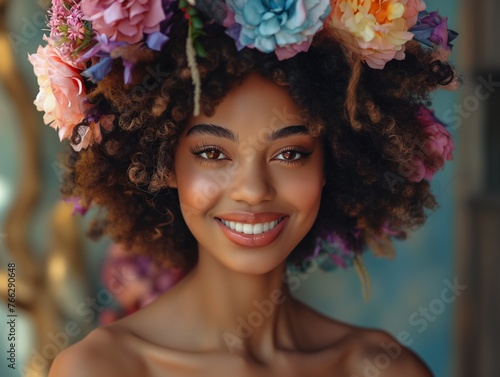 girl model with large fabric flowers blooming from her shoulders