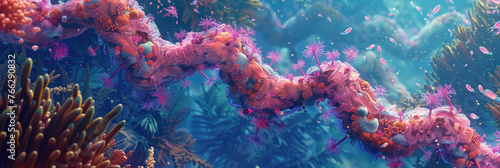 An underwater view featuring vibrant corals and seaweed swaying in the currents of the ocean depths