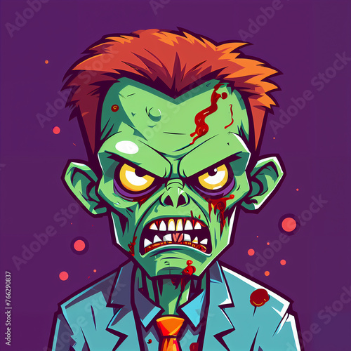 This colorful, cartoonish zombie wears a bowtie and a suit. Its green skin contrasts with its red hair and yellow eyes. The expressive face features drooling and a heart-shaped mouth.  © Ирина Абраменко