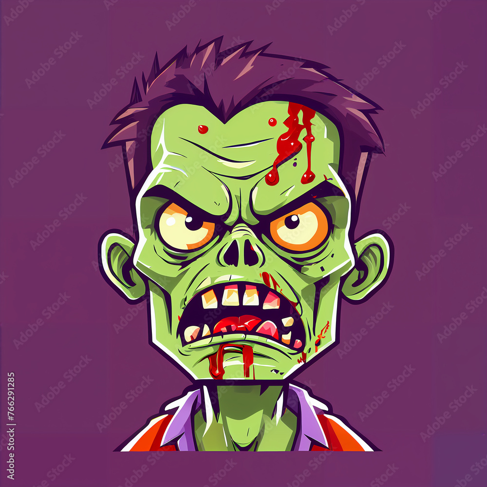 This colorful, cartoonish zombie wears a bowtie and a suit. Its green skin contrasts with its red hair and yellow eyes. The expressive face features drooling and a heart-shaped mouth. 