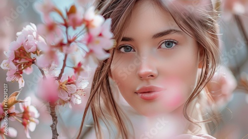 Woman With Blue Eyes and Flower in Hair