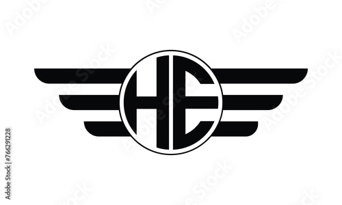 HE initial letter circle wings icon gaming logo design vector template. batman logo, sports logo, monogram, polygon, war game, symbol, playing logo, abstract, fighting, typography, minimal, wings logo