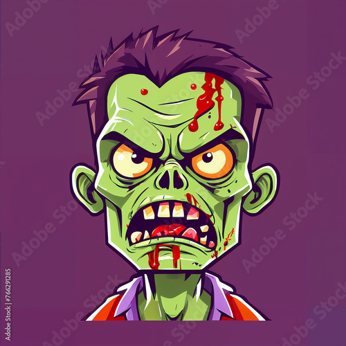 This colorful, cartoonish zombie wears a bowtie and a suit. Its green skin contrasts with its red hair and yellow eyes. The expressive face features drooling and a heart-shaped mouth.  © Ирина Абраменко