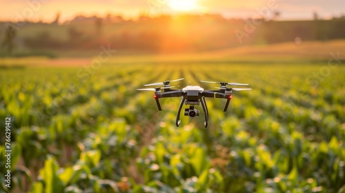 A drone flying over a lush green agricultural field, equipped with various sensors and cameras to be used in precision agriculture. High technology innovations and smart farming. photo