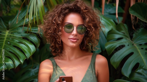 Woman in Green Dress Holding Cell Phone